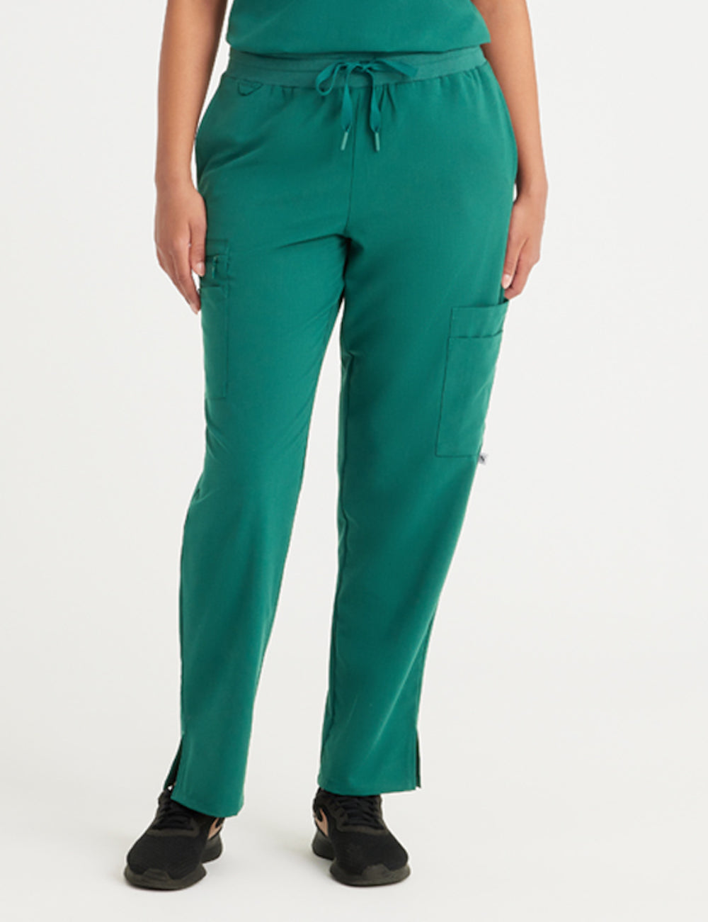 Hunter green women's straight-leg scrub pants with nine pockets, blending utility and a rich color