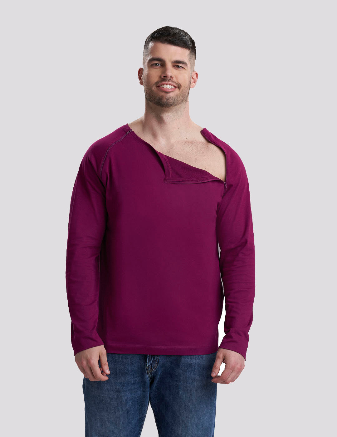 Maroon Men's Chest Port Access Shirt from Care+Wear, featuring a rich color and easy access design for medical practicality. Model is wearing size Large