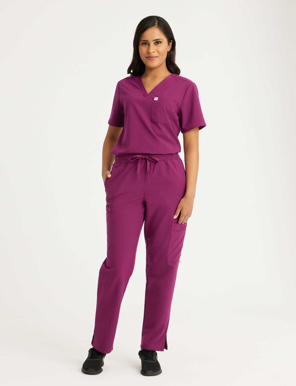 Burgundy women's straight-leg scrub pants with nine pockets, combining practicality and style