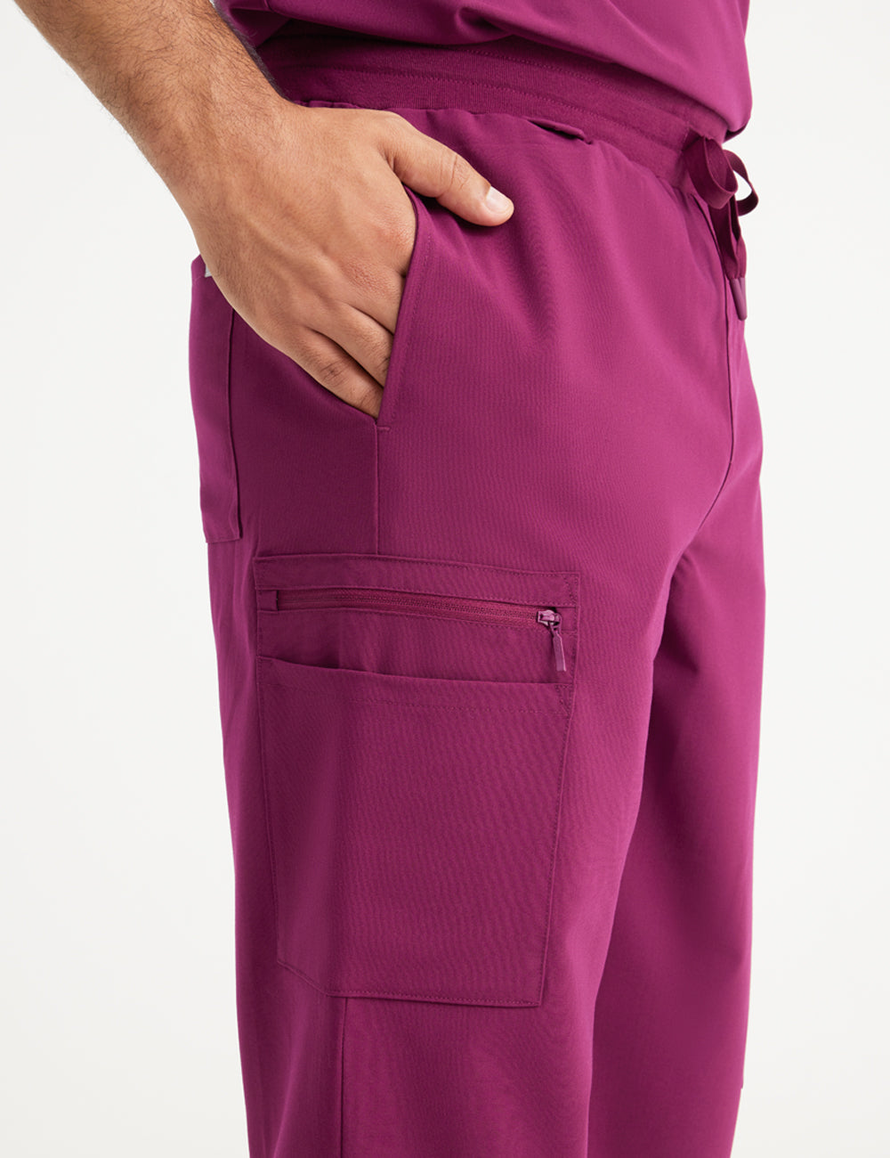 Durable burgundy scrub pants for men, featuring seven pockets and a straight-leg design