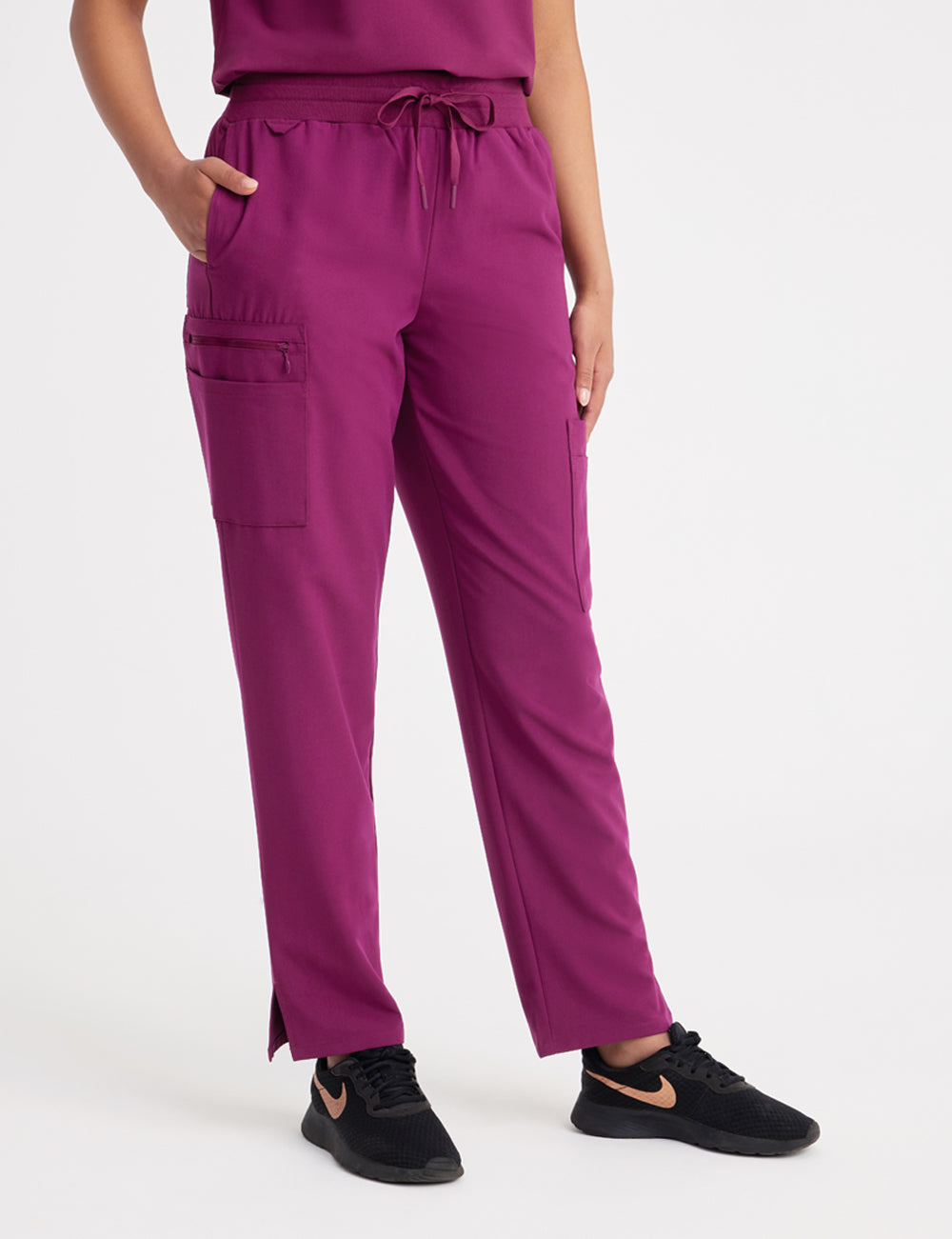 Burgundy women's straight-leg scrub pants with nine pockets, combining practicality and style