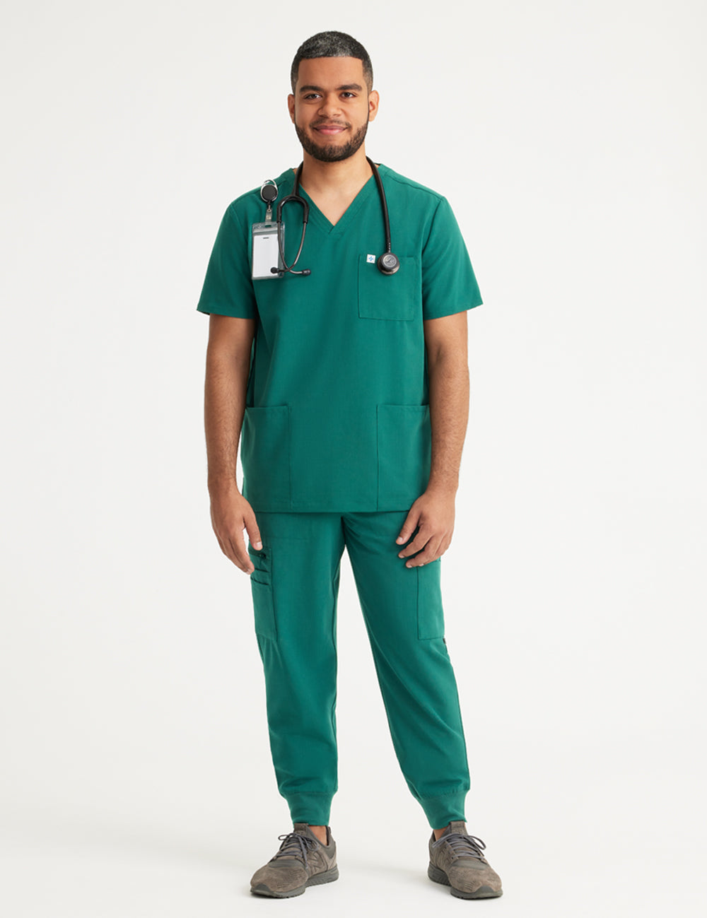 Hunter green men's jogger scrub pants with 10 pockets, designed for comfort and professional use