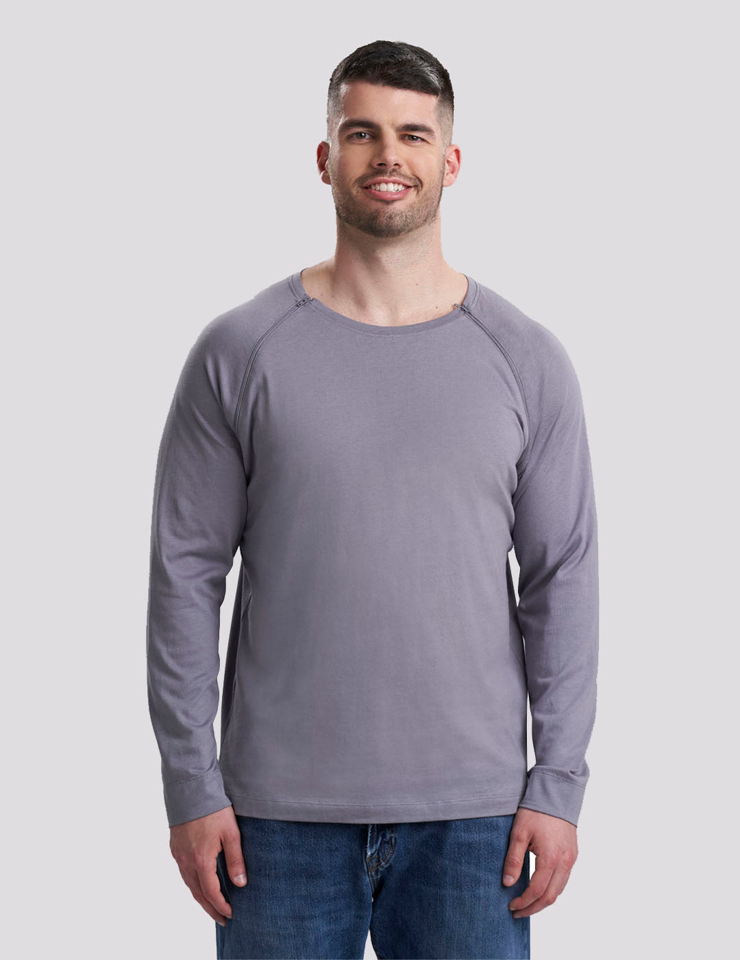 Gray Men's Chest Port Access Shirt from Care+Wear, offering a neutral, professional look with convenient chest port design. Model is wearing size Large