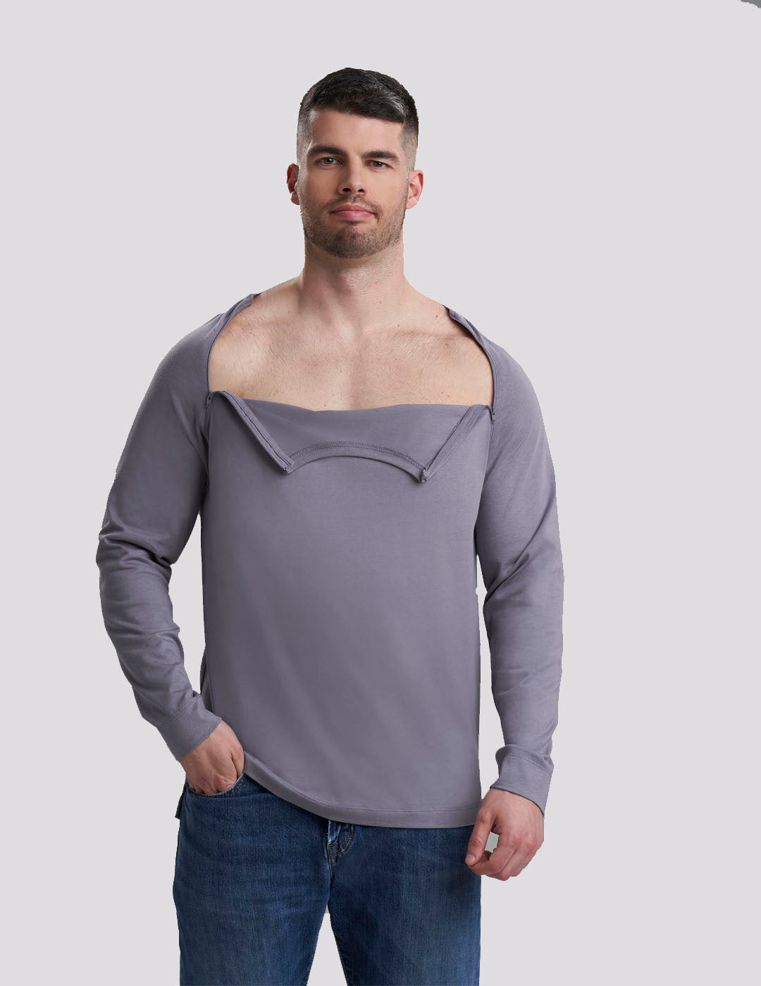 Gray Men's Chest Port Access Shirt from Care+Wear, offering a neutral, professional look with convenient chest port design. Model is wearing size Large