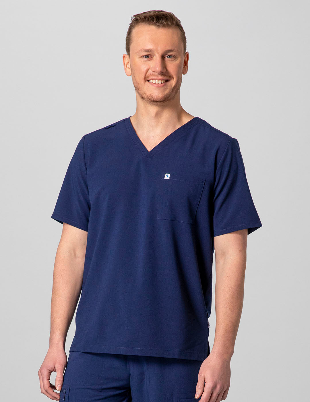 Stone gray men's V-neck scrub top with two pockets, designed for style and utility