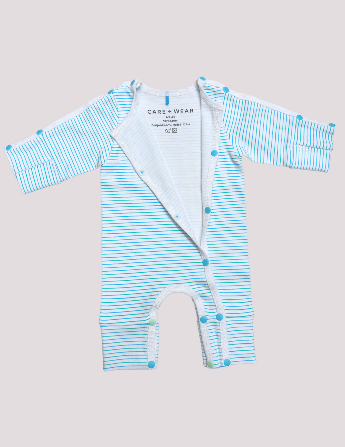 Gentle and soft preemie NICU bodysuit in green and teal, designed for comfort by Care+Wear