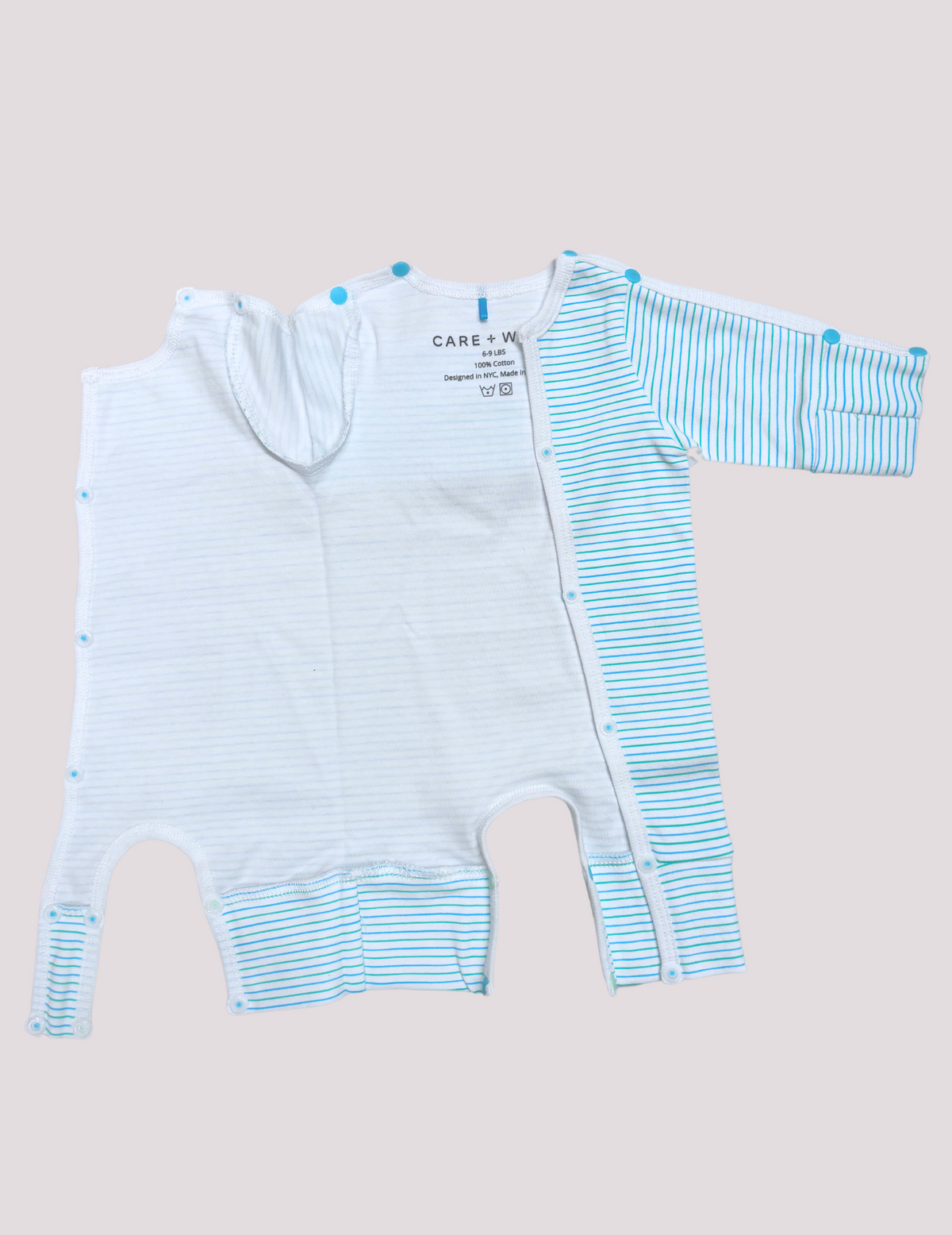 Durable and NICU-friendly preemie bodysuit in green and teal by Care+Wear x March of Dimes