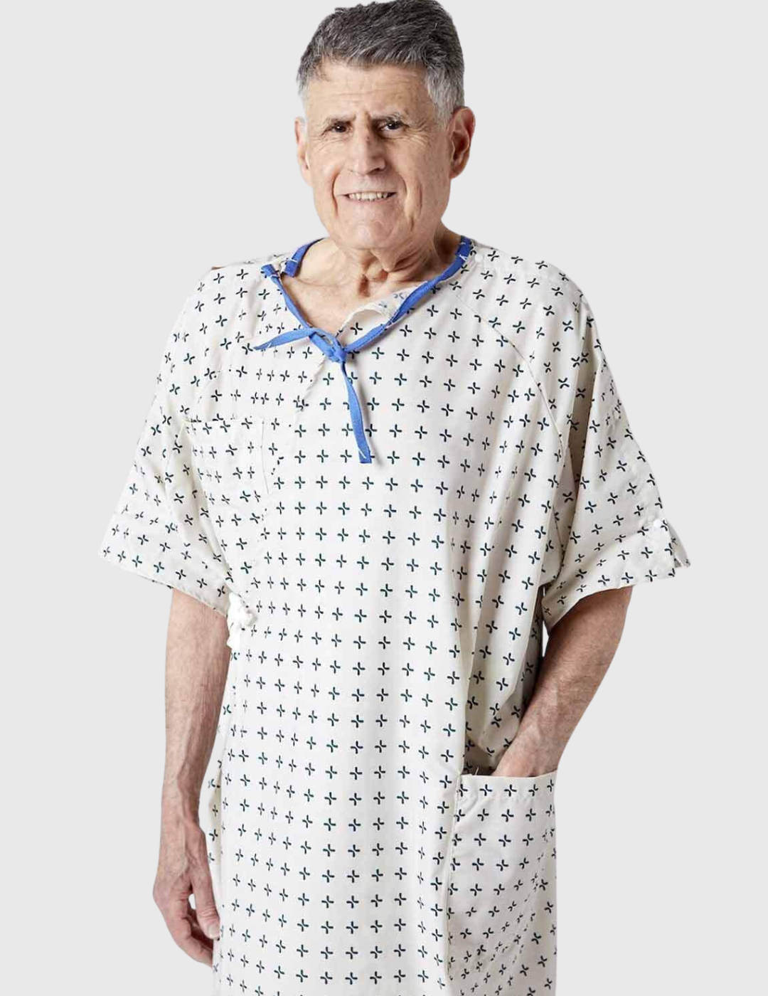 Standard metal snap hospital gown by Care+Wear x Parsons, designed for easy wear and reliable fastening during patient care.