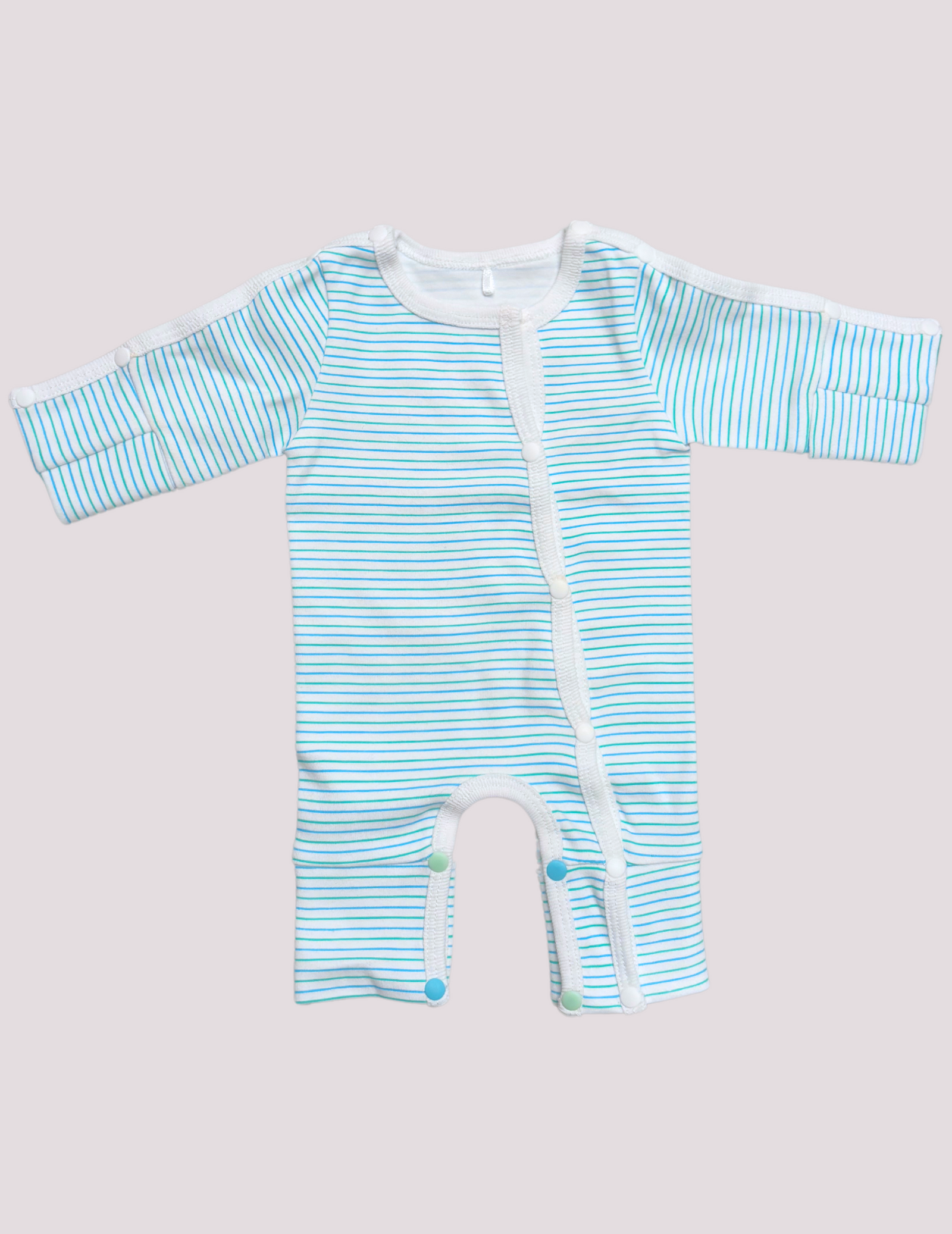 NICU preemie bodysuit in green and teal, designed for comfort and newborn care by Care+Wear x March of Dimes