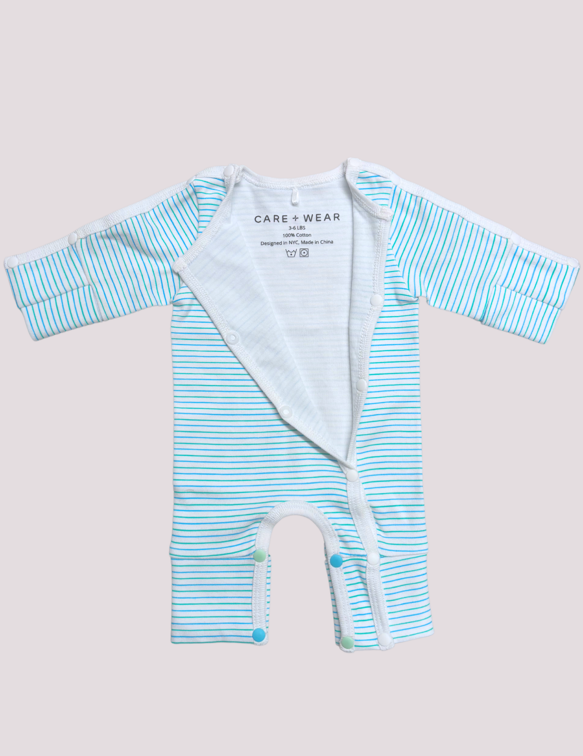 NICU preemie bodysuit in green and teal, designed for comfort and newborn care by Care+Wear x March of Dimes