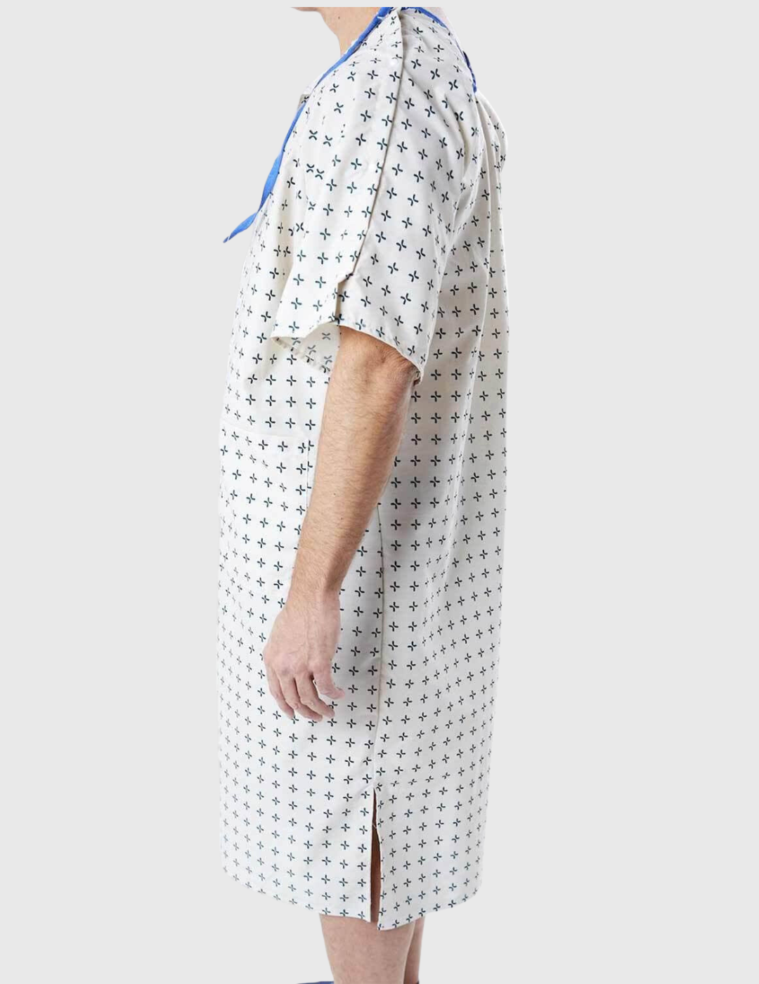 Hospital patient gown by Care+Wear x Parsons with standard metal snaps, offering durability and comfortable fit in a classic design.