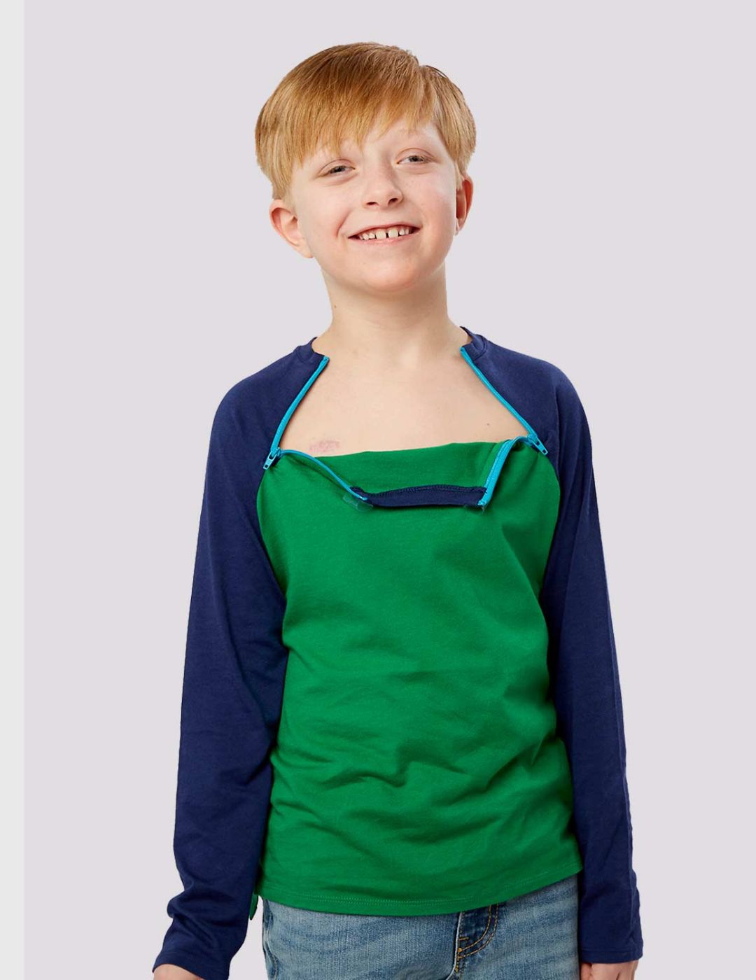 Durable navy-colored Kids Chest Port Access Shirt from Care+Wear, offering both fun style and functional medical design.