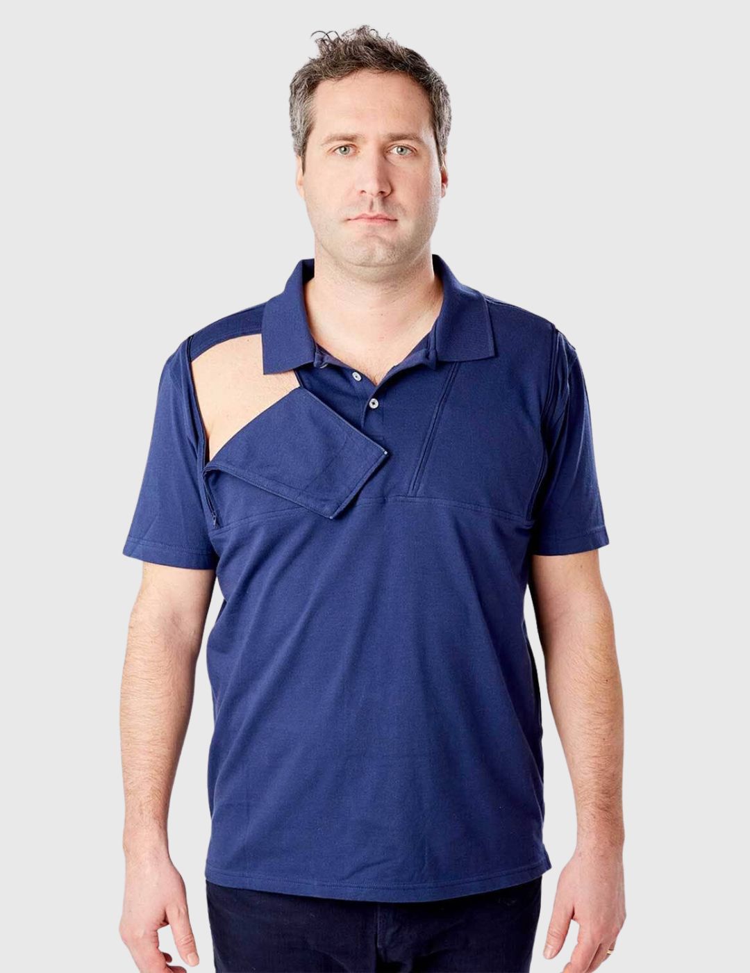 Care+Wear Men's Dual Chest Port Access Polo in classic navy blue, designed for comfort and utility.