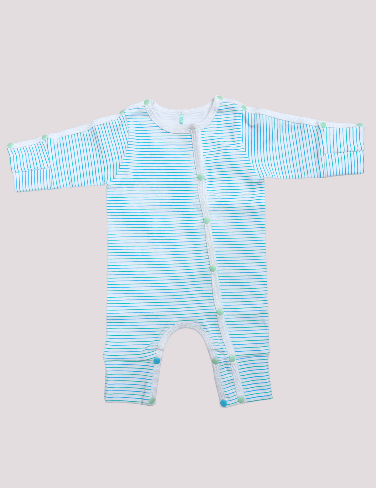 Stylish green and teal NICU preemie bodysuit, created for newborn care by Care+Wear x March of Dimes