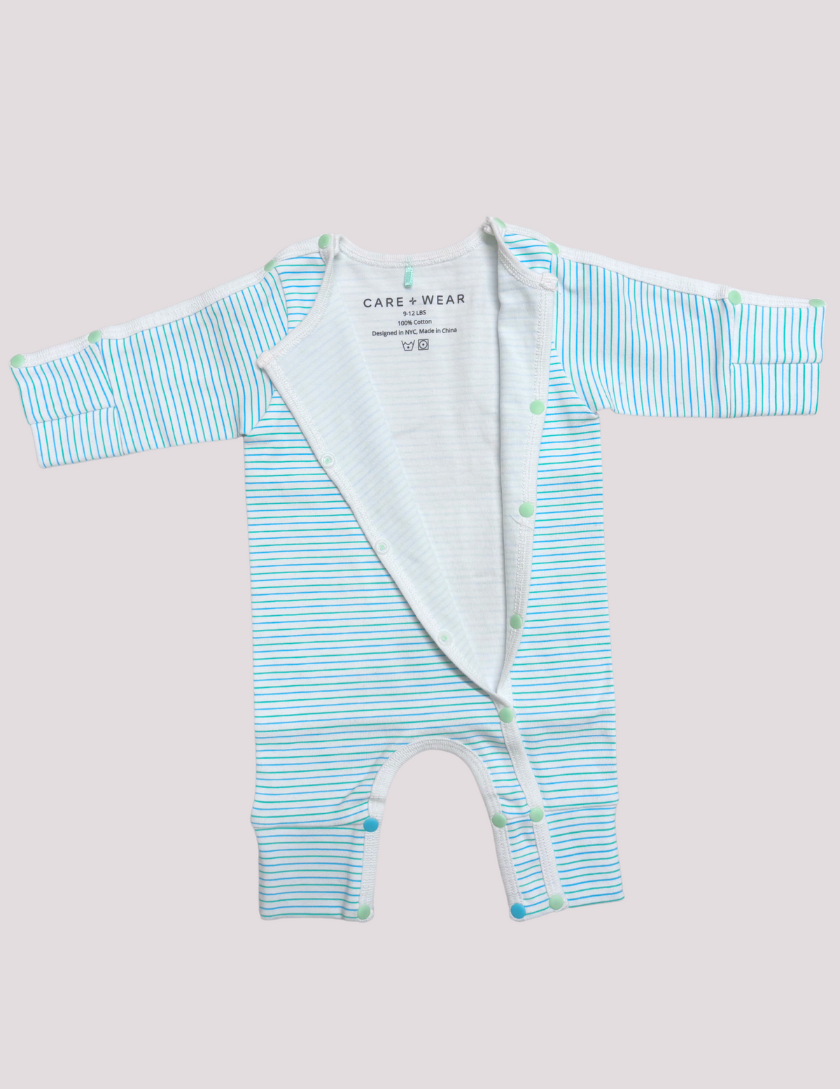 NICU-approved preemie bodysuit in green and teal, designed for gentle handling and comfort by Care+Wear