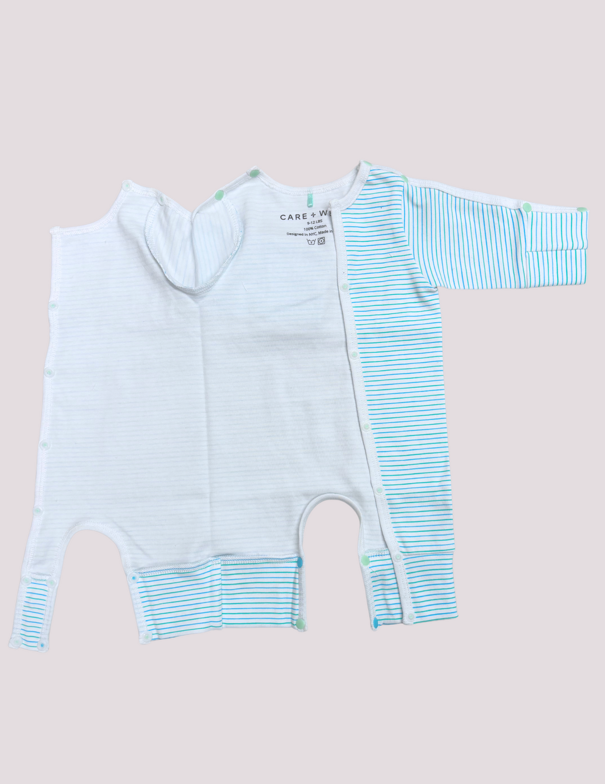 Cozy and practical green and teal preemie bodysuit for NICU care by Care+Wear x March of Dimes