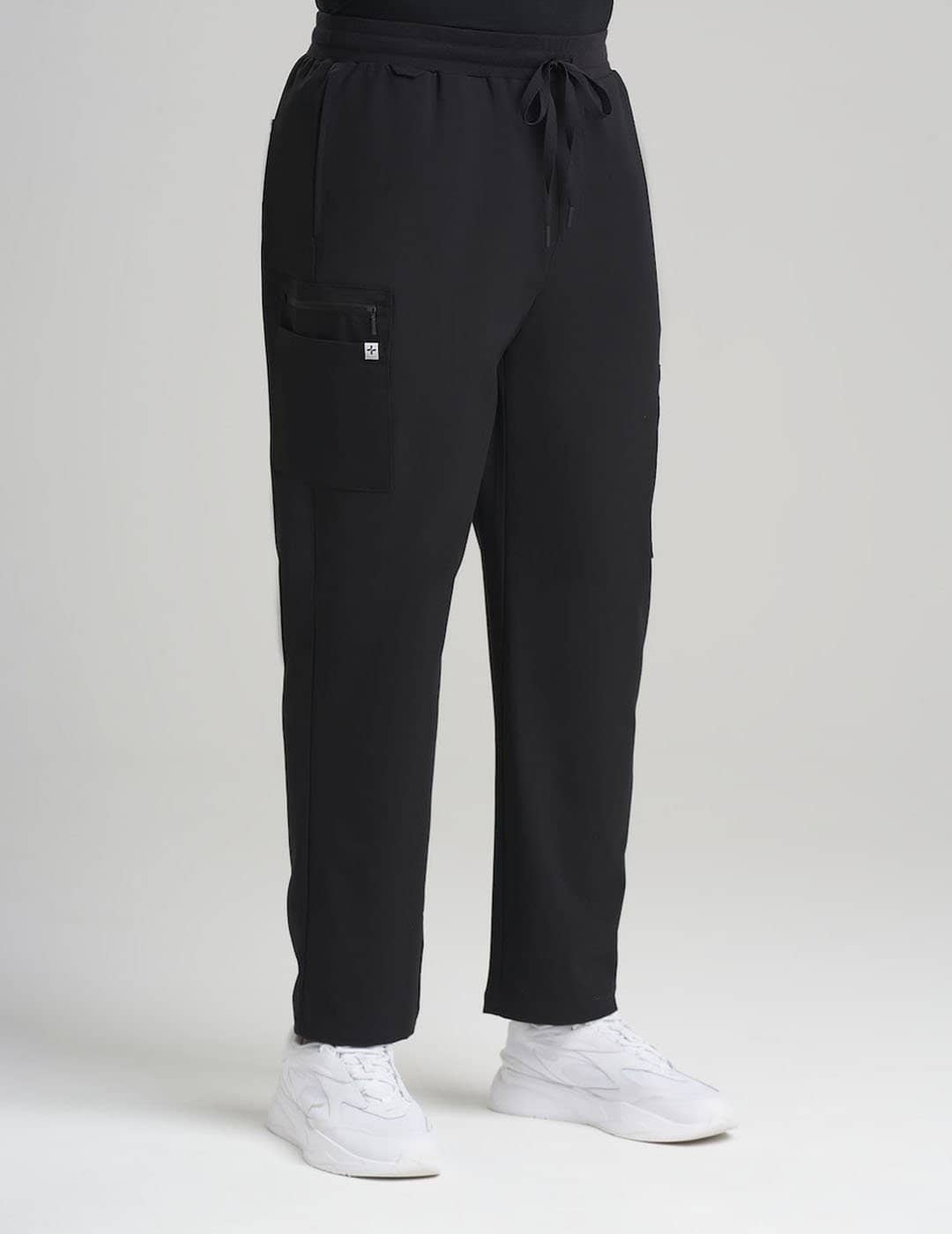 Classic Black Men's 7-Pocket Straight Leg Scrub Pants by Care+Wear, designed for durability, comfort, and plenty of pockets. Model is wearing size Large