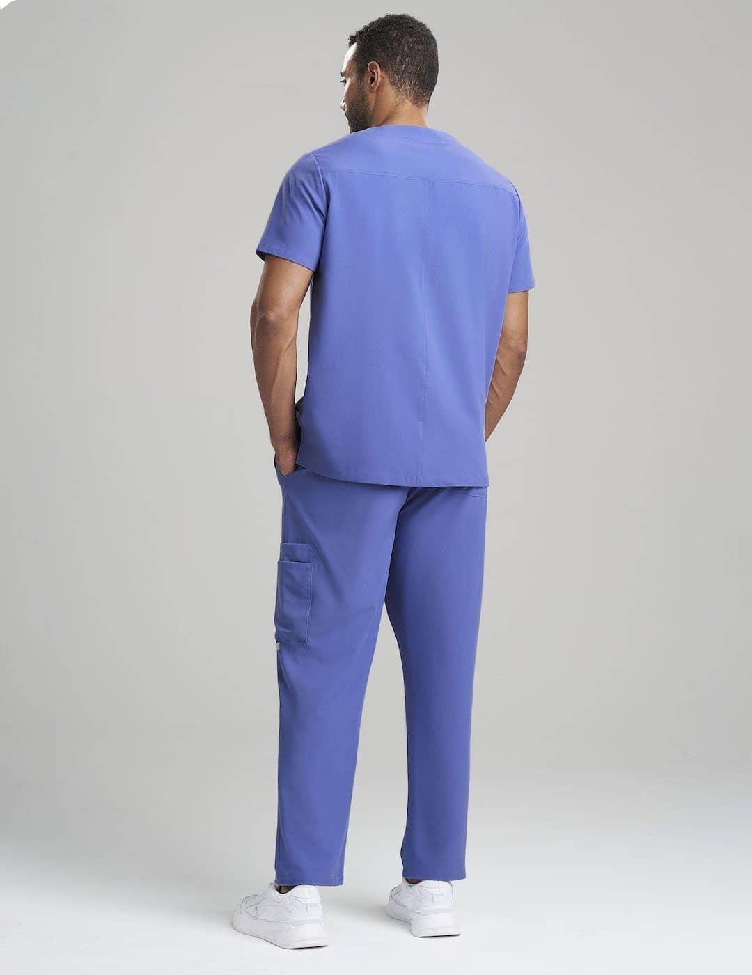 Comfortable and durable ceil blue V-neck scrub top for men, crafted for practicality and professional wear