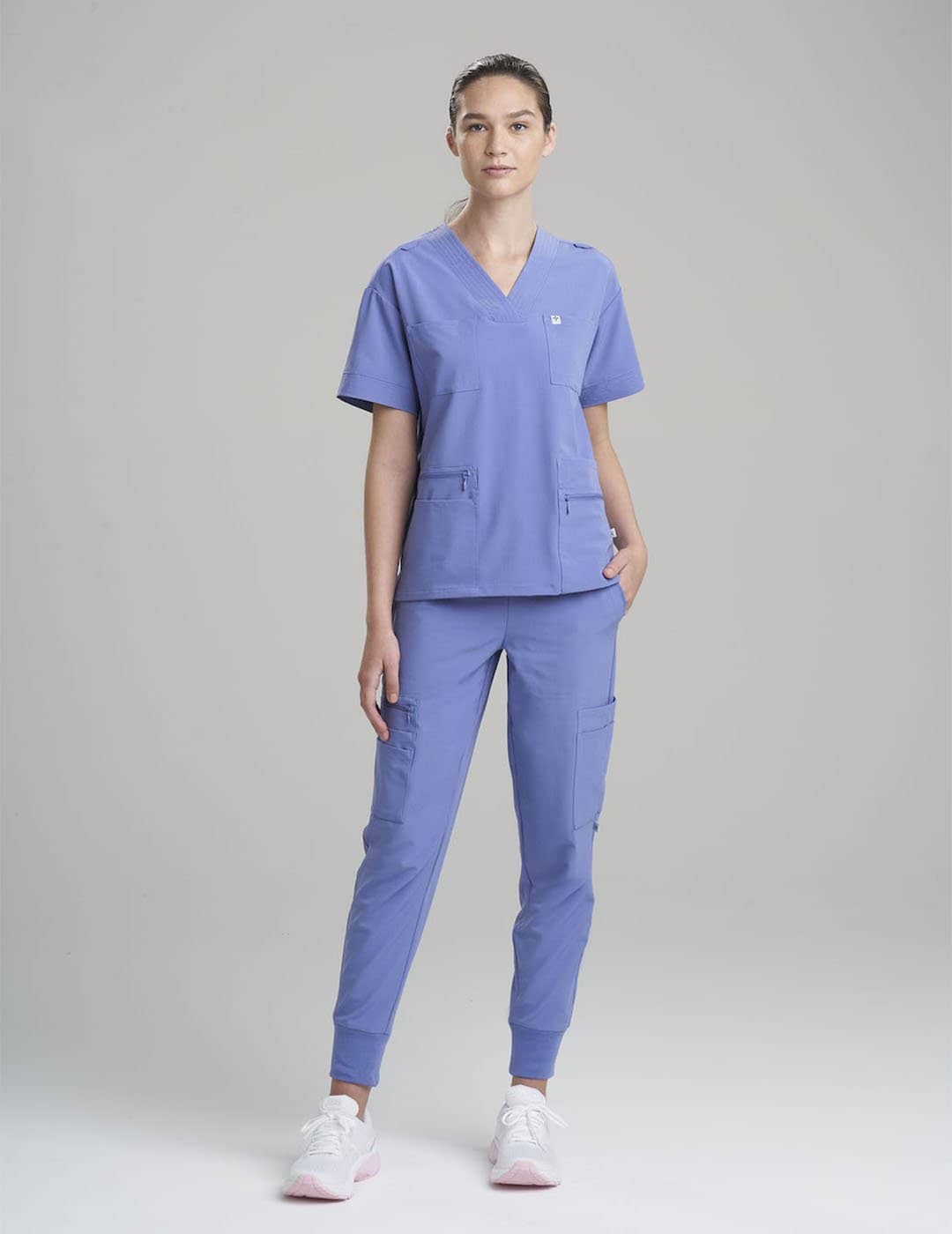 Sleek ceil blue scrub jogger pants for women, blending a modern fit with professional functionality