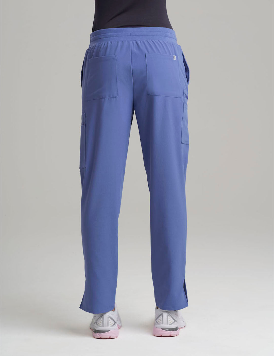 Ceil blue women's straight-leg scrub pants with nine pockets, designed for comfort and practicality