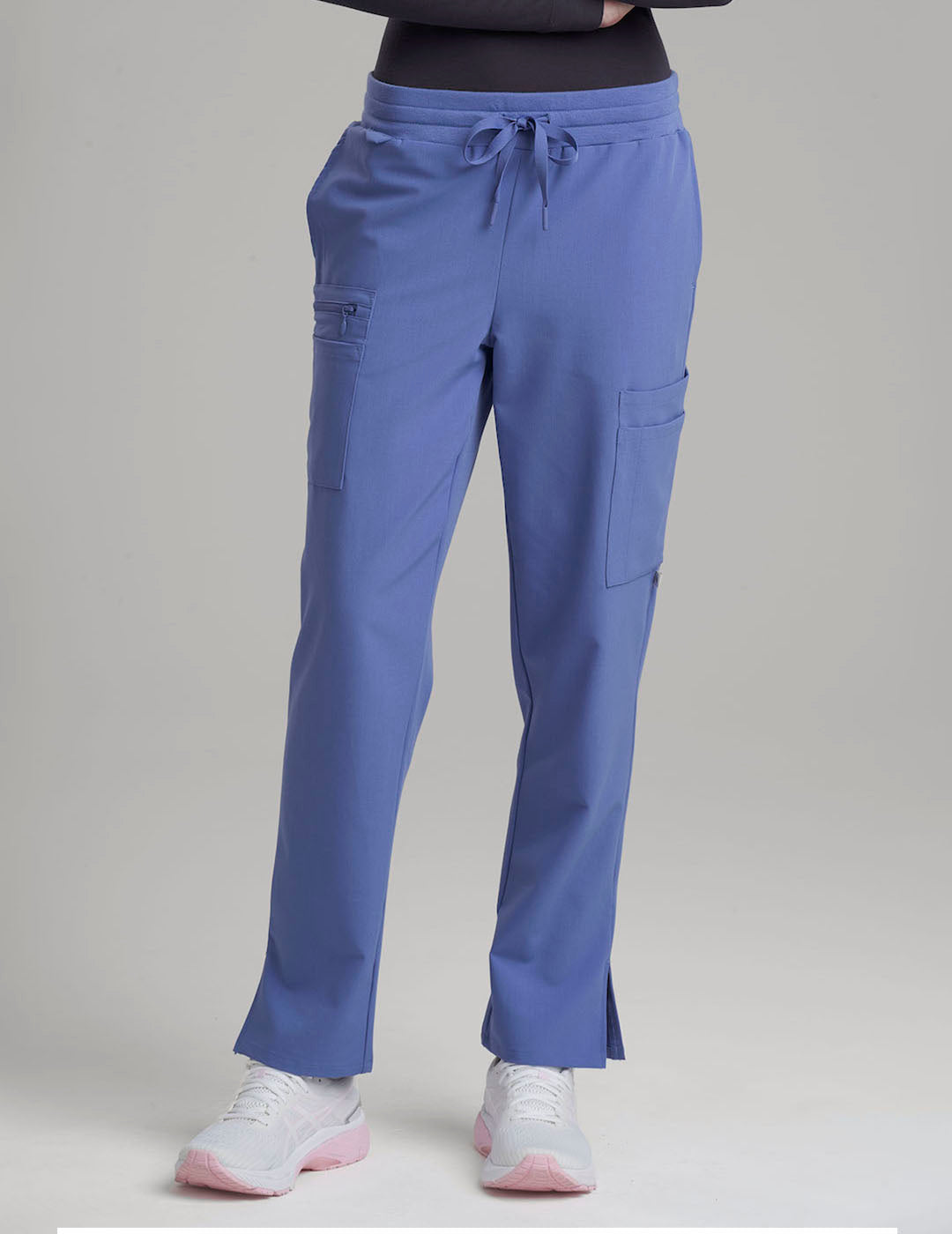 Ceil blue women's straight-leg scrub pants with nine pockets, designed for comfort and practicality