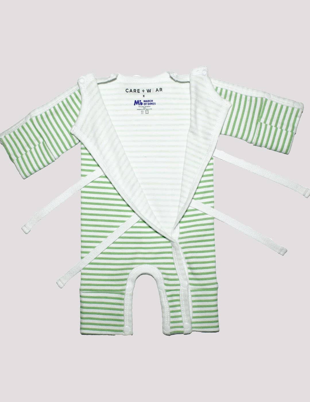 NICU preemie bodysuit in green and white, designed for delicate newborn care and comfort