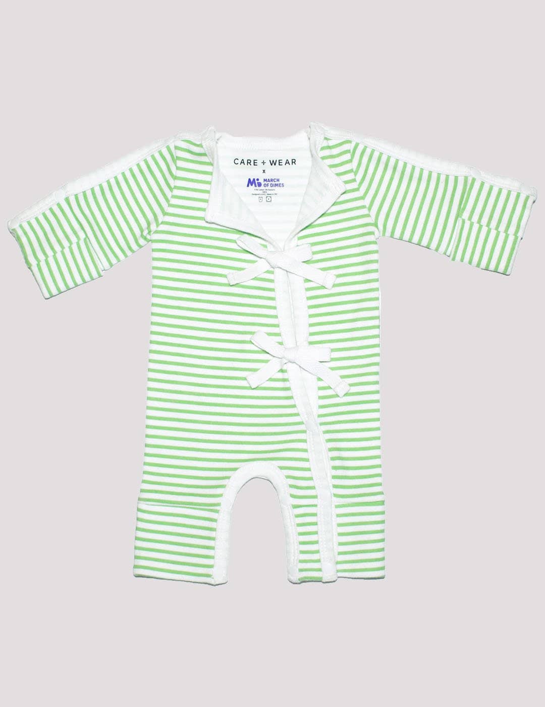 NICU preemie bodysuit in green and white, designed for delicate newborn care and comfort