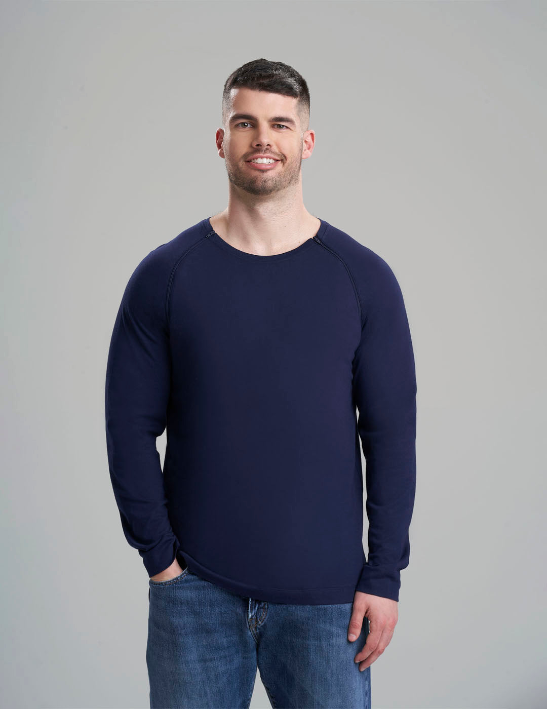 Care+Wear Men&#39;s Chest Port Access Shirt in Navy, featuring practical design for easy medical access with a classic style. Model is wearing a size Large