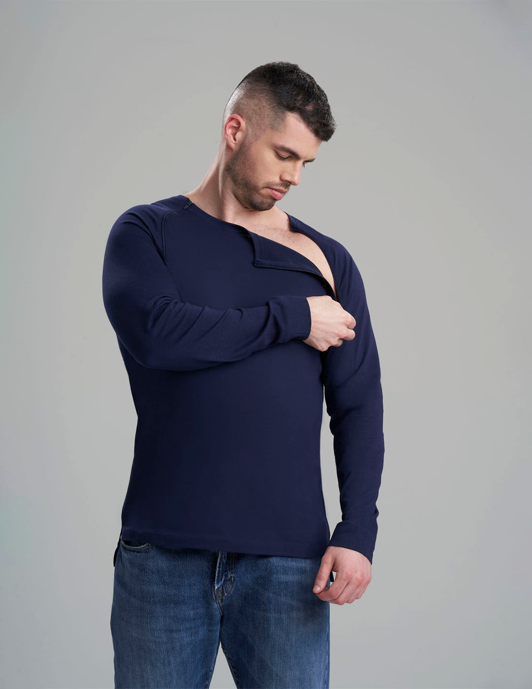 Care+Wear Men's Chest Port Access Shirt in Navy, featuring practical design for easy medical access with a classic style. Model is wearing a size Large