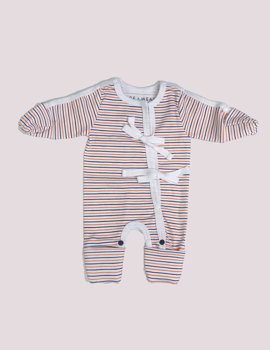 NICU preemie bodysuit in orange and blue, designed for comfort and gentle care