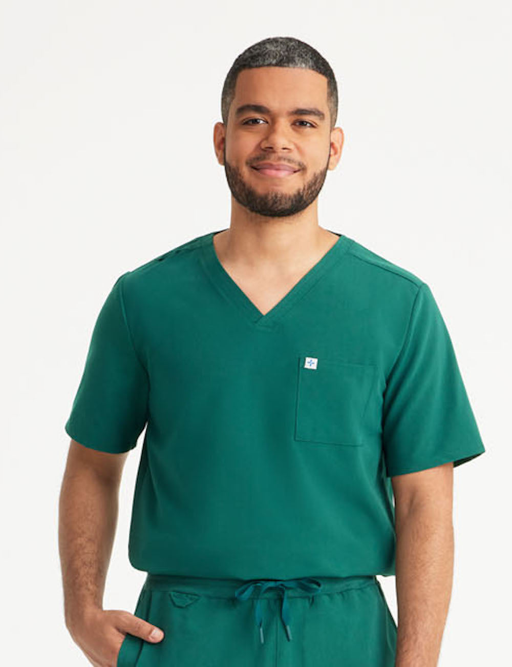 Hunter green men's V-neck scrub top with two pockets, designed for comfort and professional use