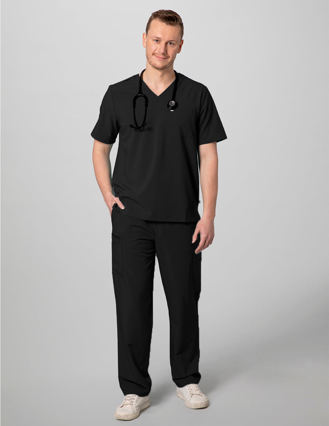 Black men's V-neck scrub top with two pockets, combining comfort and practicality for medical professionals.