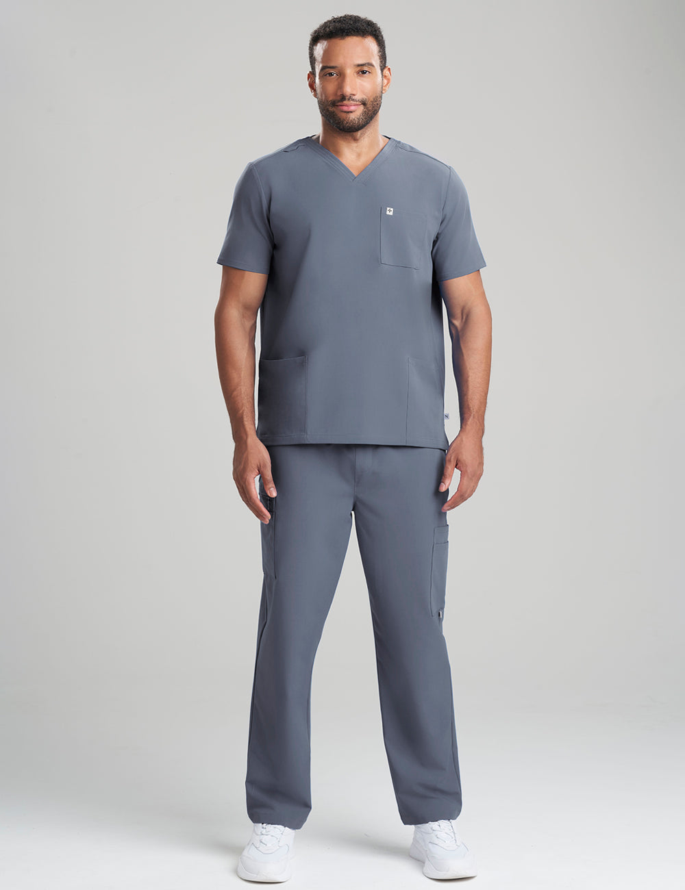 Durable pewter V-neck scrub top for men, designed for comfort and professional utility