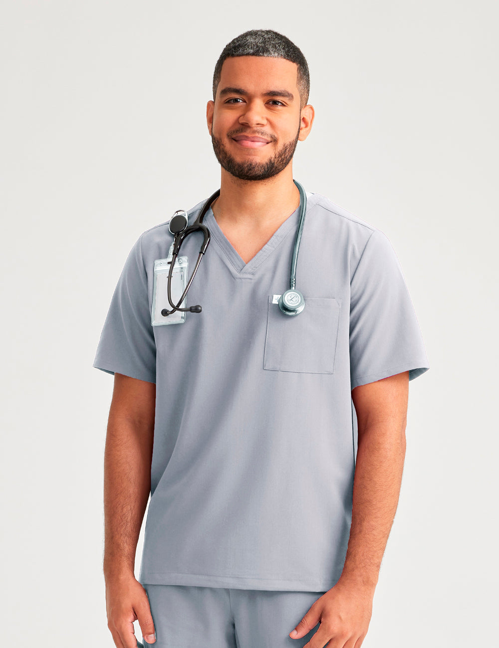 Stone gray men's V-neck scrub top with two pockets, designed for style and utility