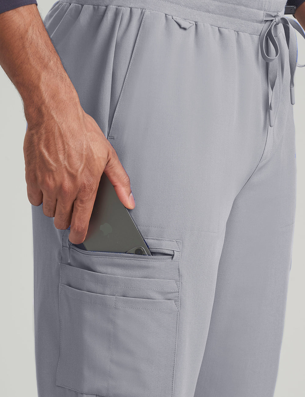 Stone gray men's jogger scrub pants with 10 pockets, combining sleek style and functionality