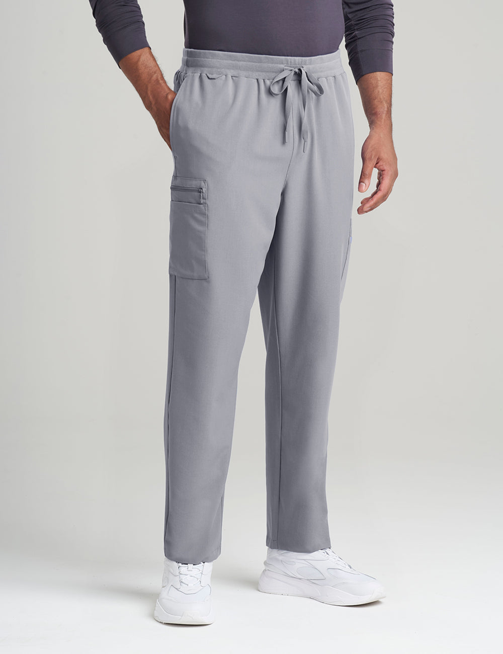 Stone gray men's scrub pants with seven pockets, designed for professional wear and functionality