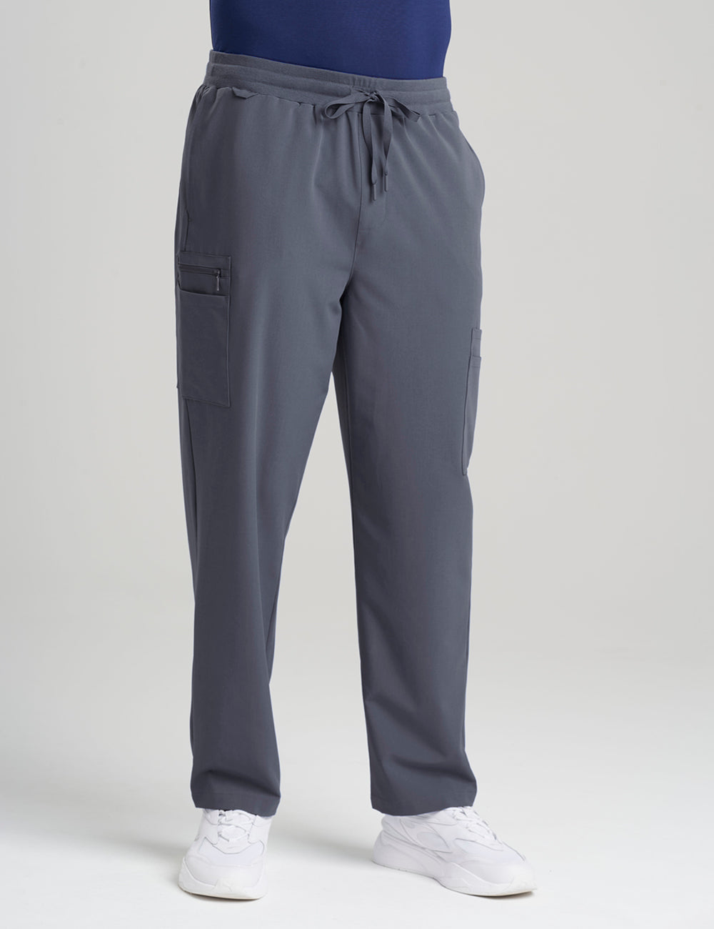Pewter men's scrub pants with seven pockets, offering a modern fit and plenty of storage