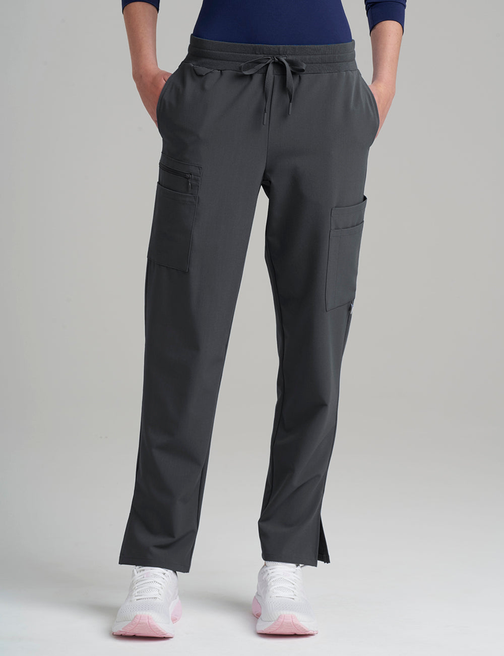 Pewter women's straight-leg scrub pants with nine pockets, offering a sleek and functional design