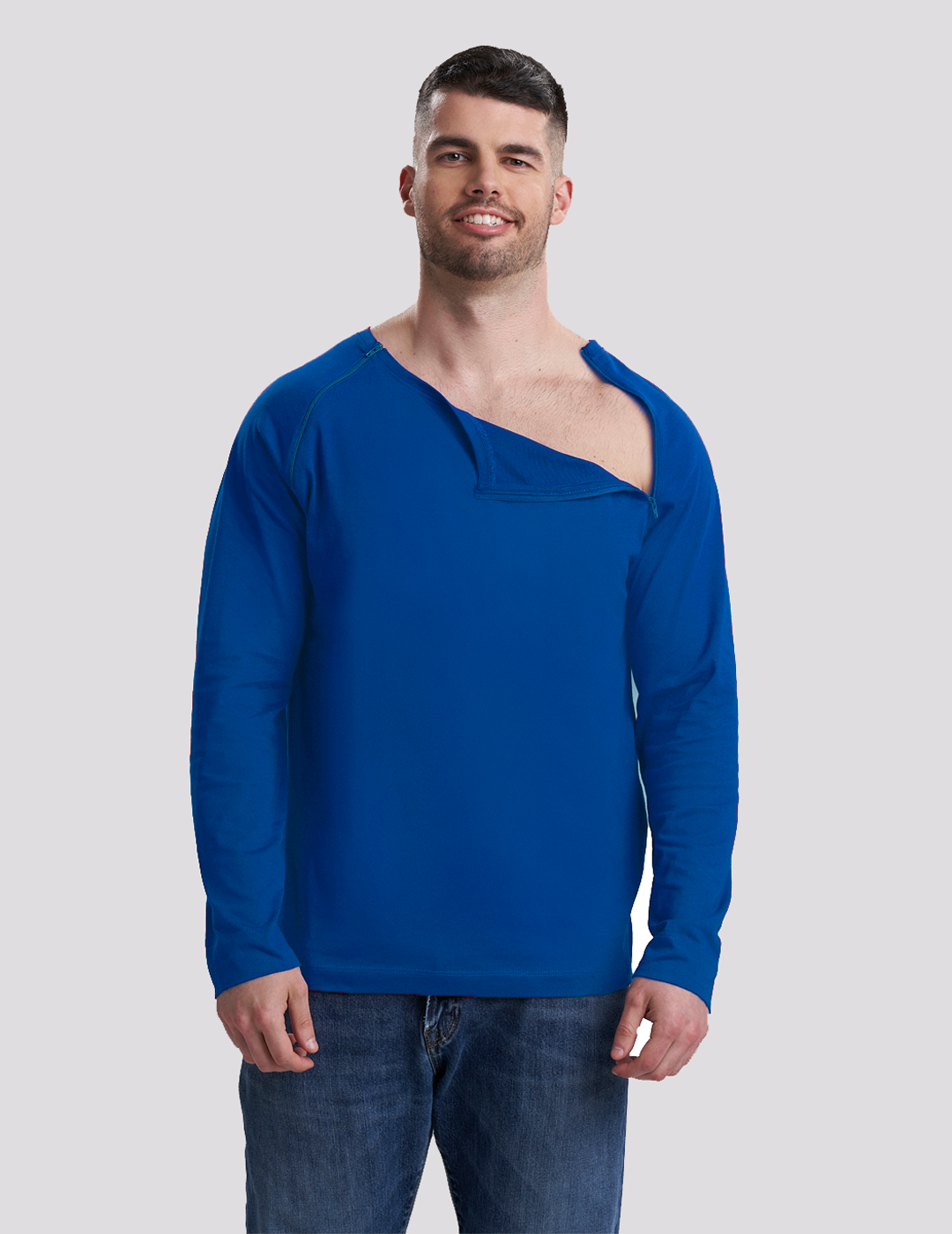 Royal Blue Men's Chest Port Access Shirt by Care+Wear, blending bold color with functional medical access features. Model is wearing size Large