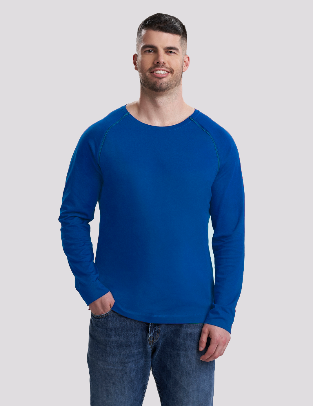 Royal Blue Men's Chest Port Access Shirt by Care+Wear, blending bold color with functional medical access features. Model is wearing size Large