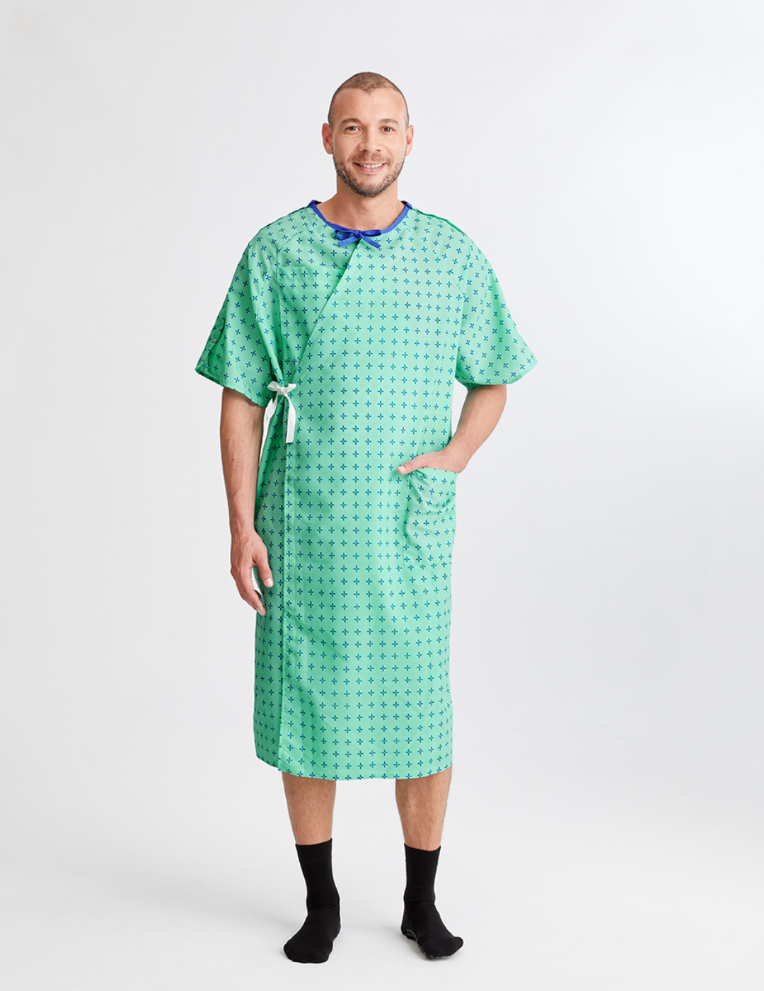 Hospital patient gown with Metal Snaps by Care+Wear x Parsons, offering comfort and functionality for medical care.