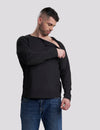 Men's chest port access shirt in black, offering a sleek design and easy access for medical use