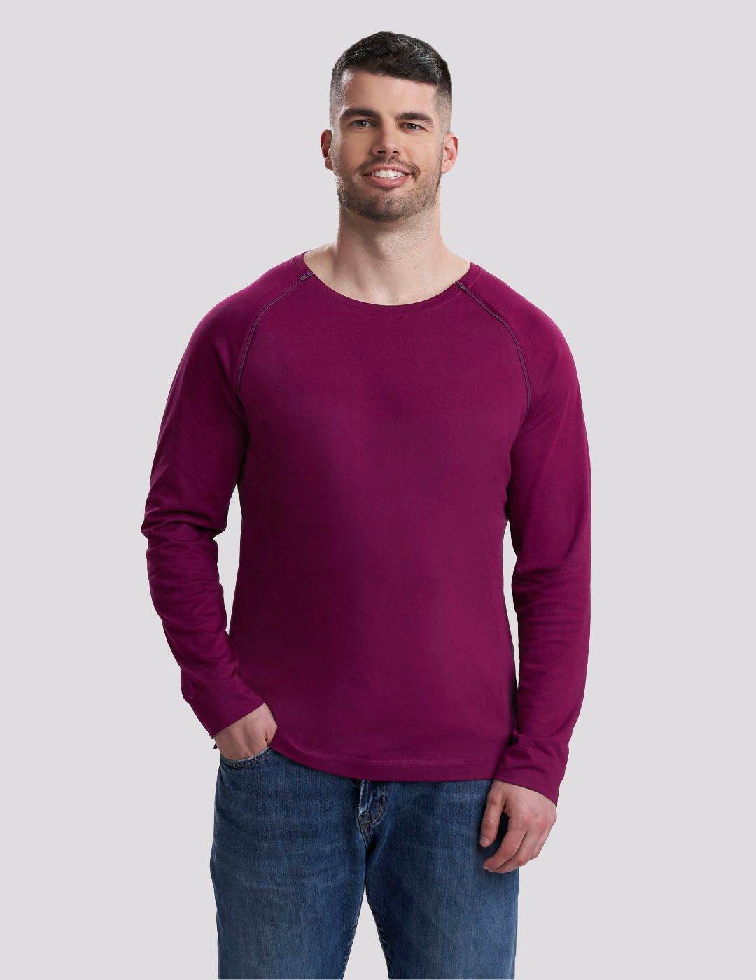 Durable maroon chest port access shirt for men, featuring easy access for medical procedures.