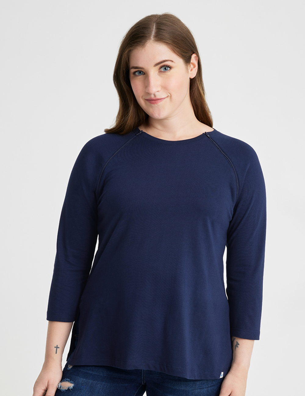 Versatile teal Women's Chest Port Access Shirt from Care+Wear, ideal for merging professional style with practical medical access features. Model is wearing size Small