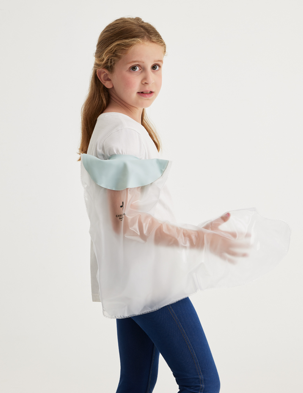 Waterproof shower cover designed for kids with a full arm cast, keeping casts dry and protected.