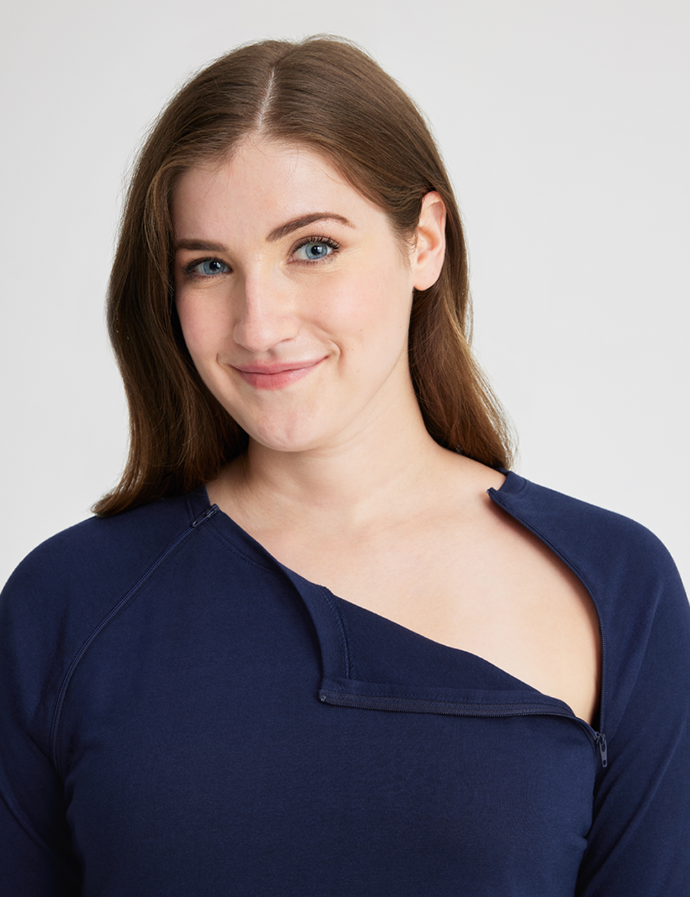 Contemporary teal Women&#39;s Chest Port Access Shirt by Care+Wear, designed to offer both elegance and functional chest accessibility.