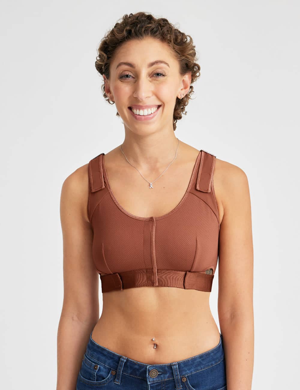 Chocolate The Believer Bra, offering secure post-surgical support with a warm, inviting color that enhances confidence. Model is wearing size Small