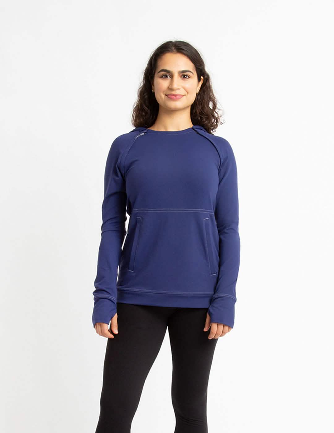 Pink women&#39;s chest port access hoodie by Oscar de la Renta, combining a feminine style with medical functionality.
