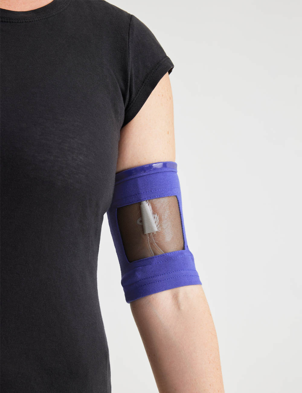 Marine-colored PICC line cover featuring ultra grip material for a snug and reliable fit.