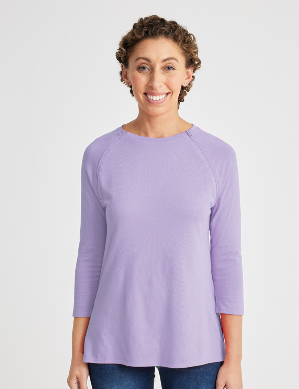 Elegant teal Women&#39;s Chest Port Access Shirt by Care+Wear, designed for comfort and ease of medical access. Model is wearing size Small